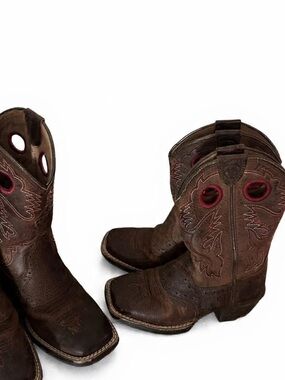Kids Sz 9.5 oiled brown Leather Cowboy Boots maroon stitching square toe